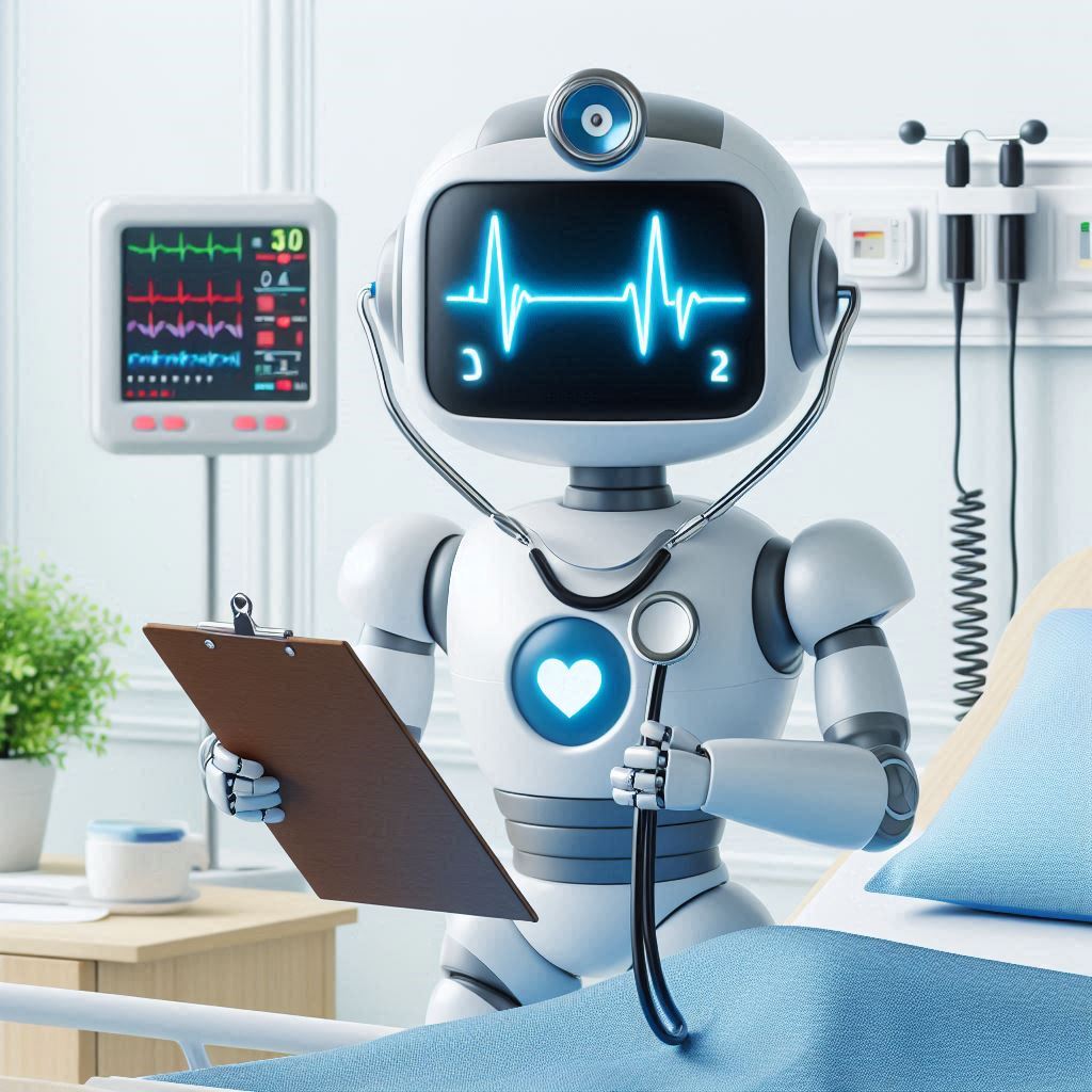The AI Revolution in Healthcare A Transforming Endeavor 2 robot designed to resemble a healthcare professional is standing in a medical room