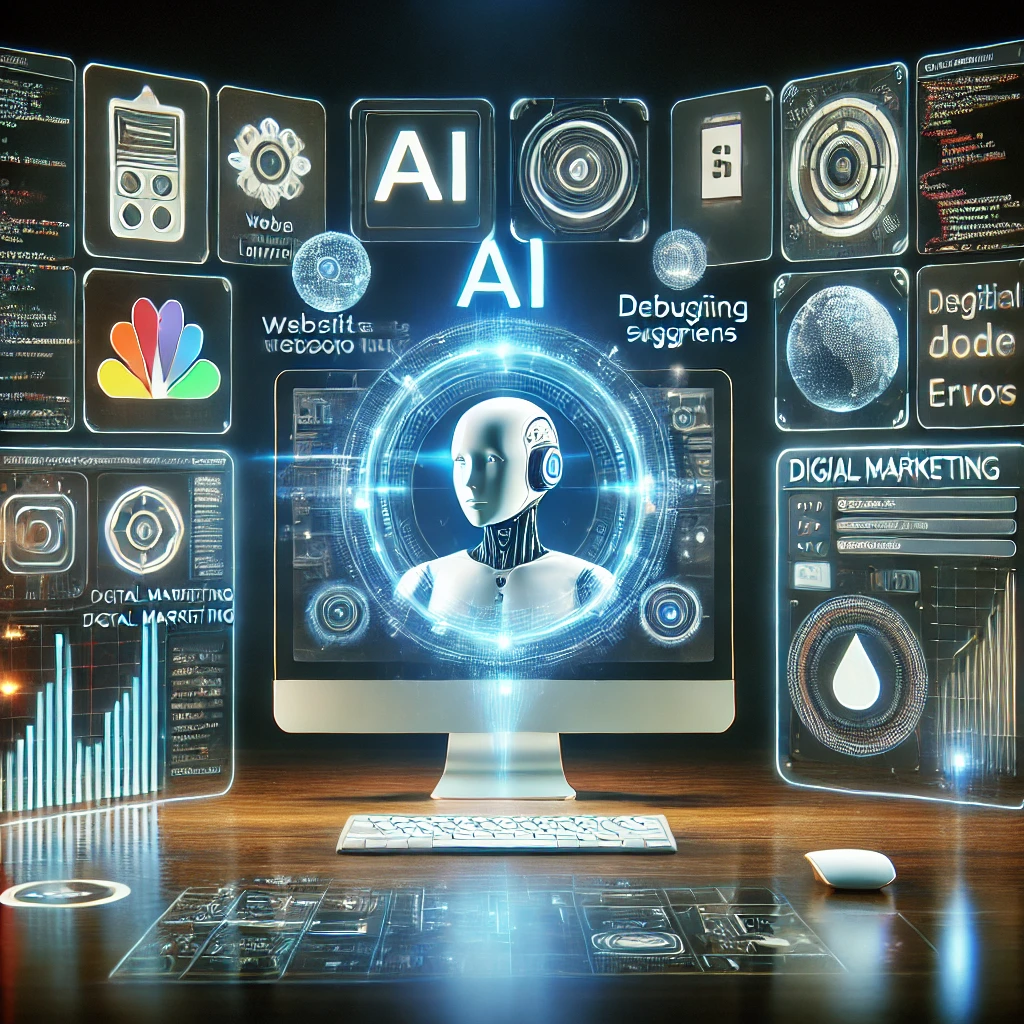 The Role of Artificial Intelligence in Web Development and Digital Marketing 1 DALL·E 2024 09 26 14.48.15 A futuristic scene showcasing AI powered tools in web development and digital marketing. On one side a sleek modern computer with AI algorithms gener