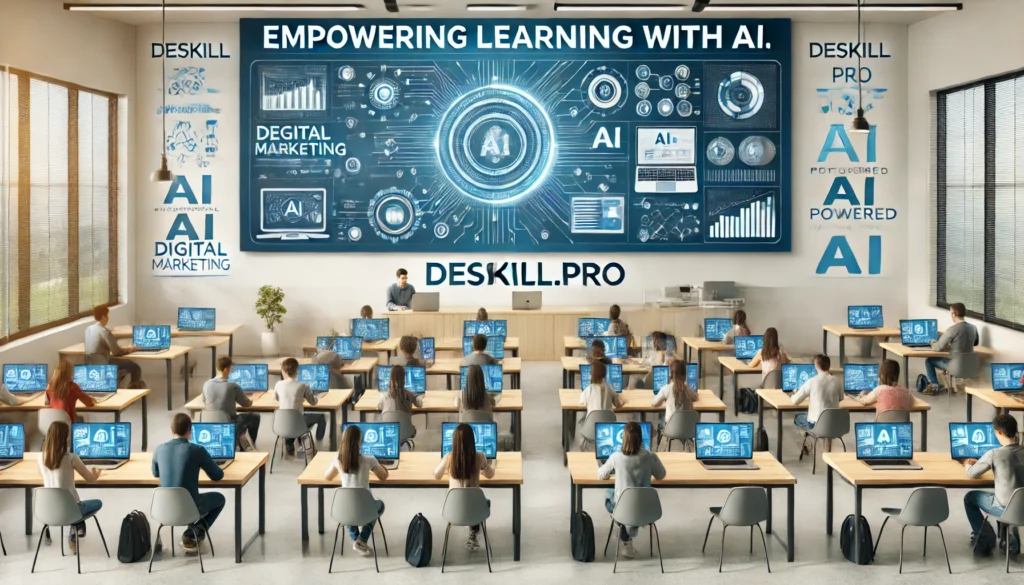 DALL·E 2024 11 28 09.01.36 A visually appealing classroom banner design for DeSkill.Pro emphasizing digital marketing and AI powered e learning. The design features a classroom